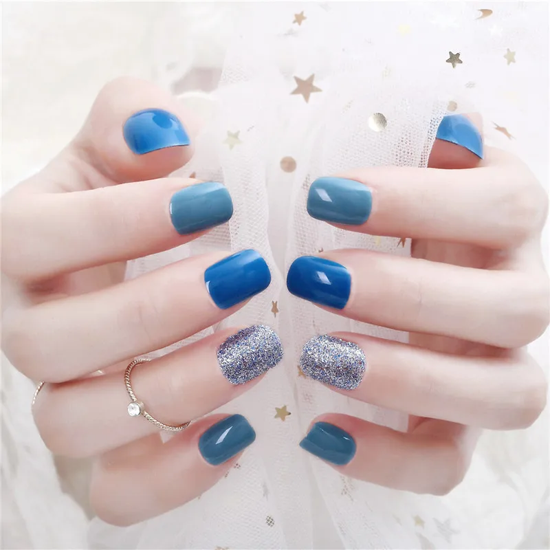 style4 24 шт./упаковка, красивые накладные ногти с клеем, короткие, с золотыми большими блестками, накладные ногти для девушек, черные, вечерние, акриловые ногти - Цвет: style4