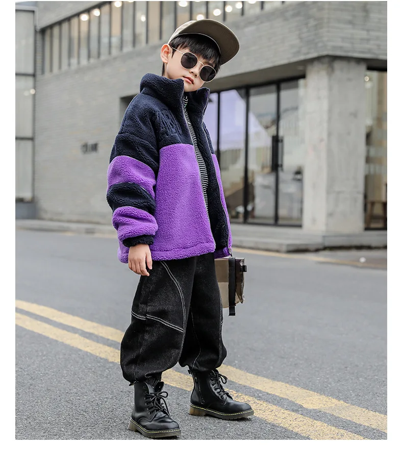 

2020 Autumn Winter New Arrival Boys Color Matching Letters Plus Velvet Padded Stand Collar Lamb Hair Zipper Mid-Length Coat