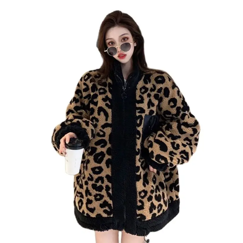 Leopard Print Lamb Wool Women's Jacket 2021 Winter Fashion  High Neck Loose Coat High Quality Women Long Warm Cardigan Jackets