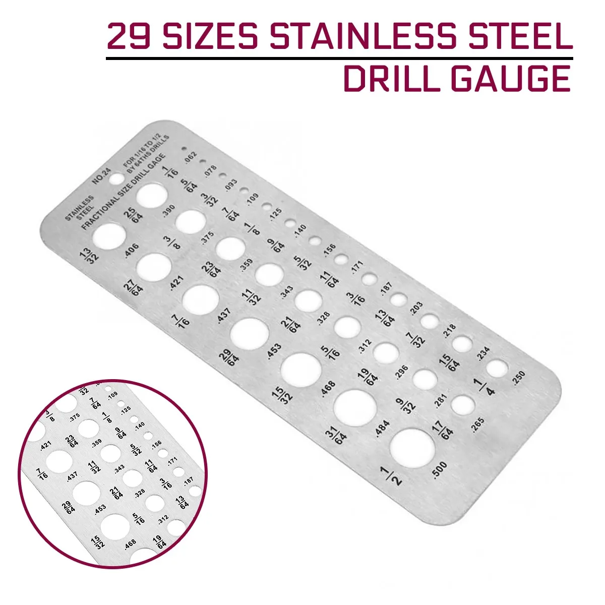 

29 Sizes Stainless Steel Drill Gauge 15.9x6cm Index Bolt Wire Diameter Bit Gauge Clearly Marked Fractions Measuring Tool