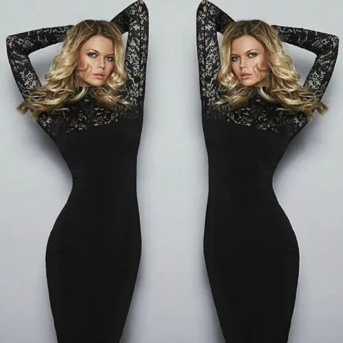

Autumn Women's Bandage Bodycon Patchwork Long Sleeve Turtle neck lace Patchwork Party Short Mini Dress