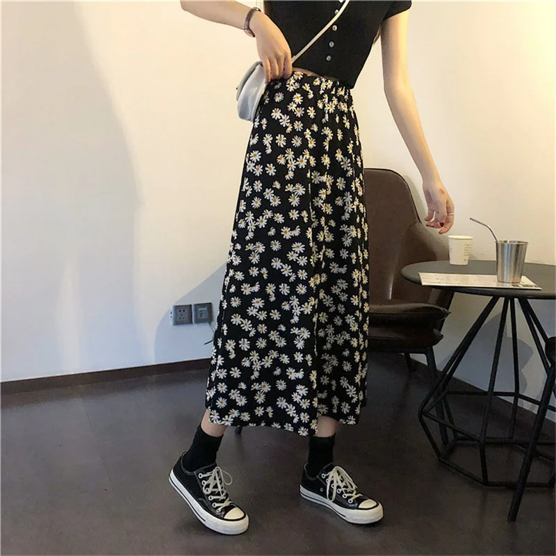 

Korean Style Retro Floral Skirt Early Spring Women's Slimming Mid-Length High-Waisted Skirt A- Line Hong Kong Flavor Net Red