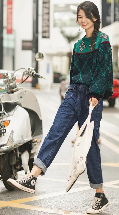 INMAN Winter New Arrival Literary O-neck Jacquard Contrast Color Thick Loose Women Pullover