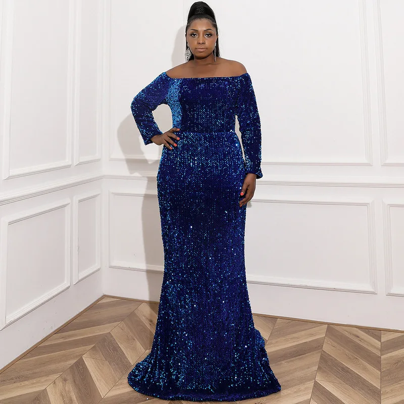 

Plus Size Evening Dresses Luxury Long Sequined for Women Mermaid Ball Gowns O-neck Navy Blue