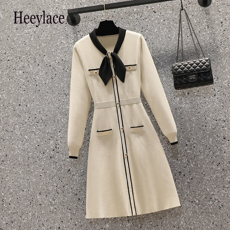 

Plus Size women knitted dress Autumn winter Bow neck female sweater dress Office lady solid Elegant pullover jumper mini dresses