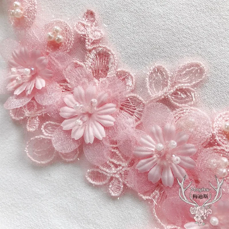 sequins beaded 3D pink white flowers embroidery lace patch Dress DIY veil applique parche Woman's clothes hanfu Decoration