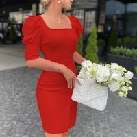 2021 autumn mini dress ladies casual solid puff sleeve ruched button slim dresses for women elegant office slit simple robe red