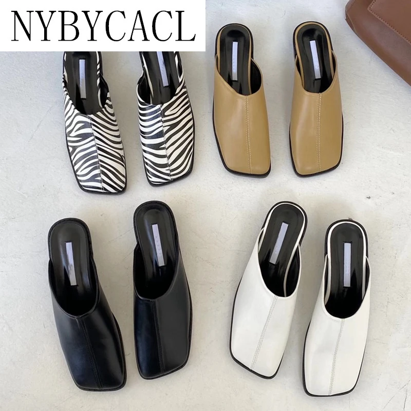 

NYBYCACL 2021 New Brand Women Slipper Square Toe Slip On Mules Shoes Fashion Zebra Pattern Square Low Heel Ladies Slides