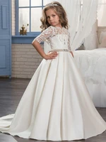 white lace applique flower girl dresses for wedding cascading party long sleeve princess girl formal dress first communion dress