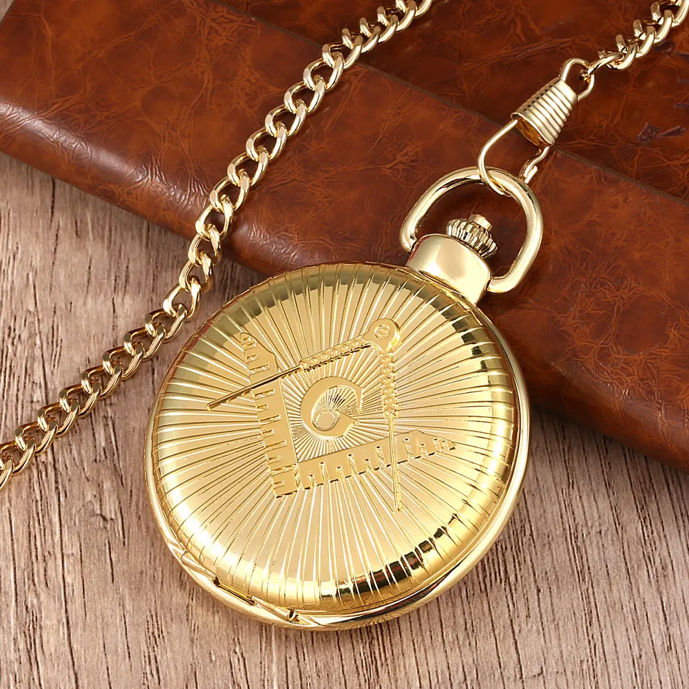 Vintage Big Pocket Watch Souvenir Masonic G Design Gold Quartz Bracelet Clock Pendant Masonic Pocket Watch Chain Necklace