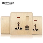 Настенная розетка Rewnssin с USB-разъемом золотого цвета, универсальная розетка с 3 контактами, 110-250 В, выключатель питания, выключатель света, разъем для передачи данных
