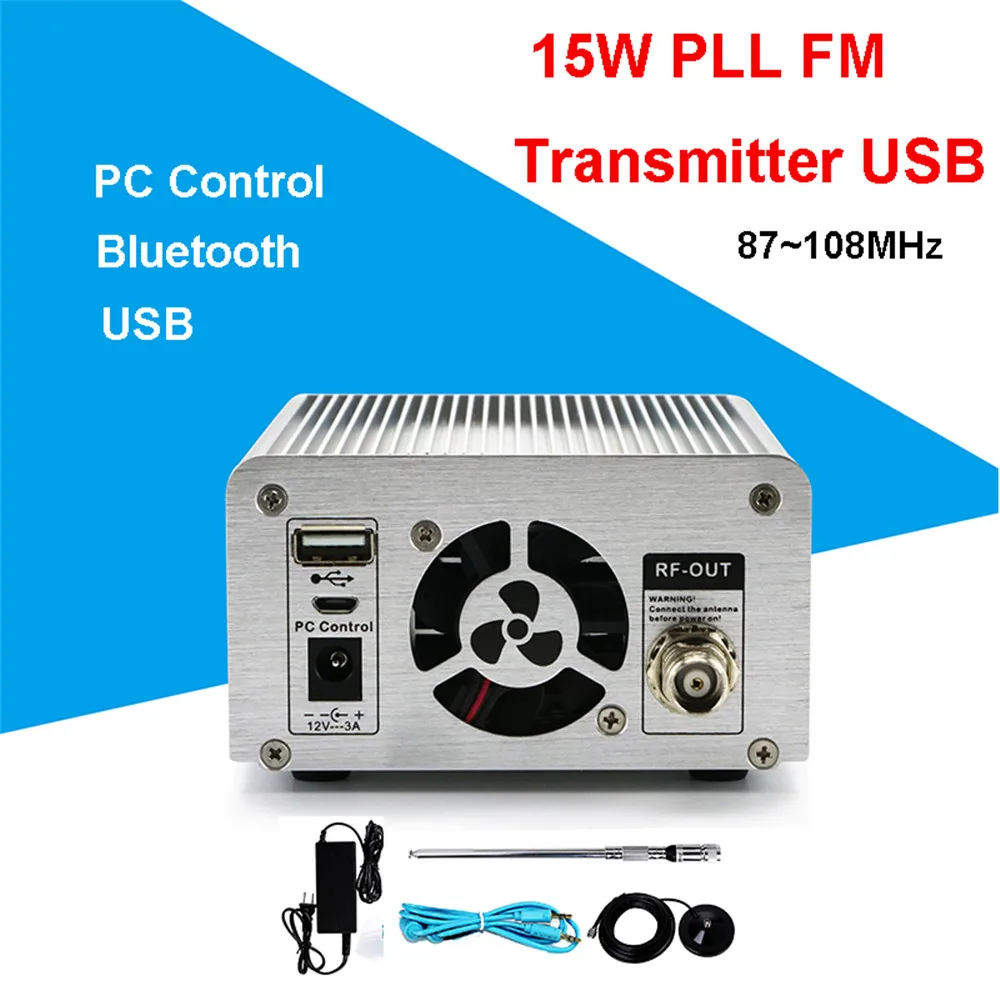 

15 Вт PLL FM-передатчик, радио, стерео, Bluetooth, беспроводное вещание, FM 87 ~ 108 МГц, мини FM-радиостанция