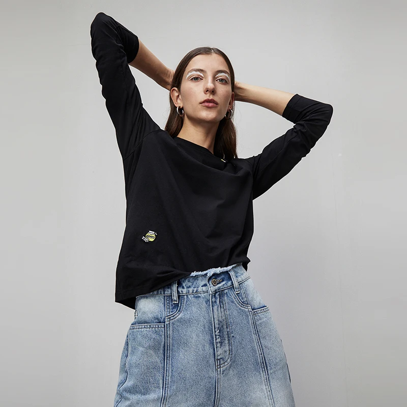 Женская футболка с длинным рукавом круглым вырезом и вышивкой|Футболки| |