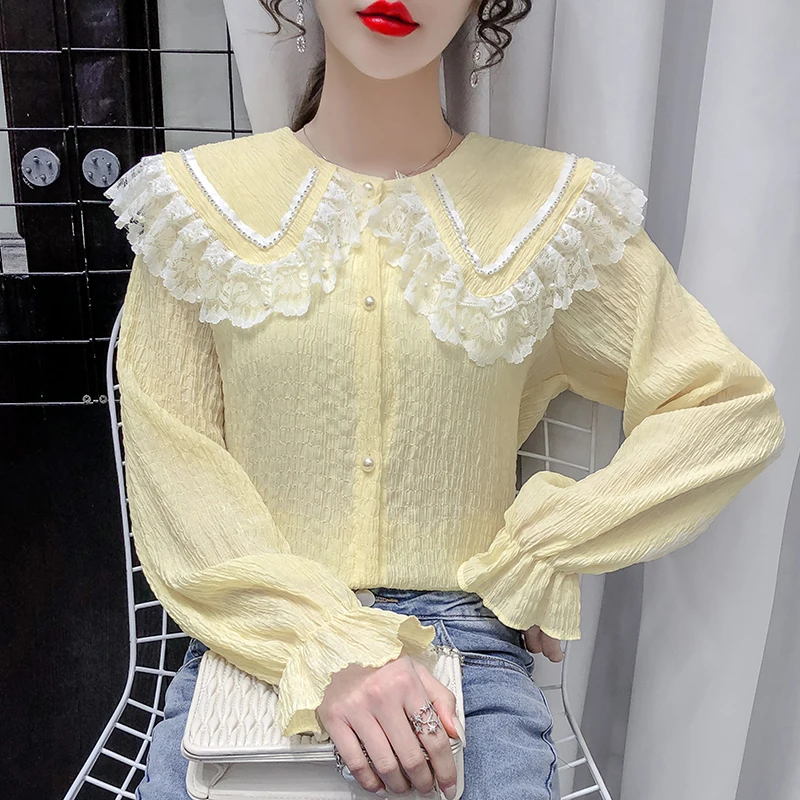 #2020 белая желтая кружевная офисная рубашка с воротником Питер Пэн женские