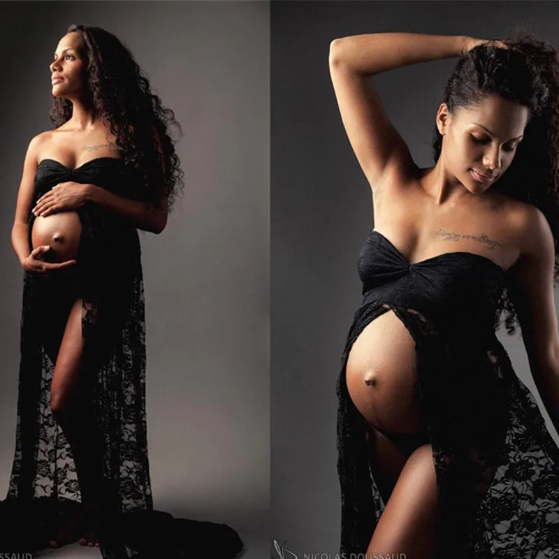 

Women V-neck Lace Stretchy Pregnancy Long Maternity Dress for Photo Maternity Photography Props Hot Sale Maxi Strapless Dresses