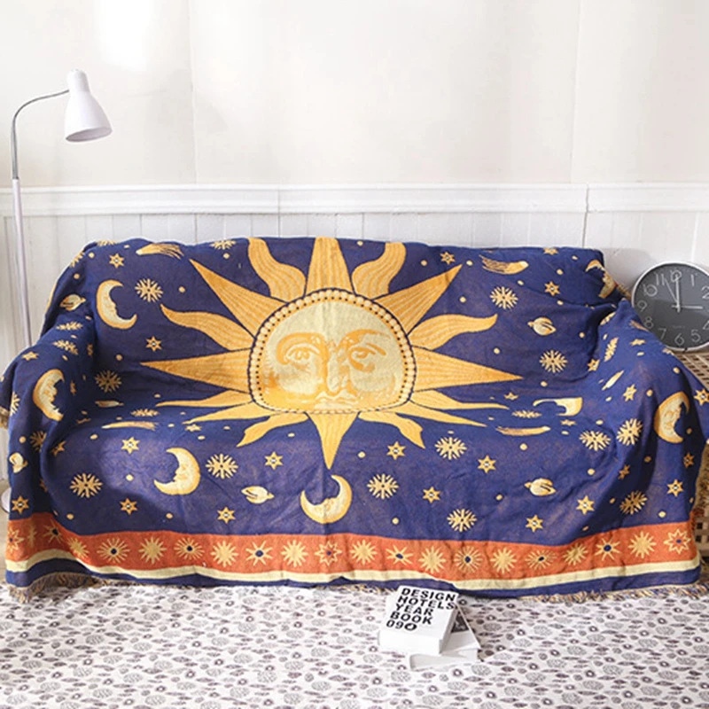 

European Style Sofa Cover Sun Moon Pattern Non-Slip Throw Blanket Dust Cover Knitted Thread Thicken Three-Layer Slipcover On Bed