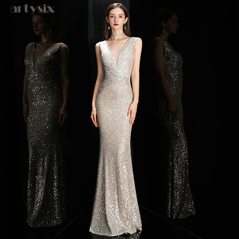

Partysix Women Elegant Sequined Evening Dress Deep V Neck Backless Sexy Robe Female Sleeveless Ladies Mermaid Party Dress