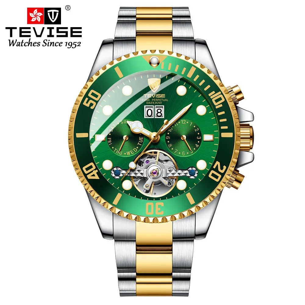 gold green TEVISE Топ люксовый бренд для мужчин нержавеющая сталь Скелет часы для мужчин водонепроницаемый автоматические механические наручные часы Relogio Masculino - Цвет: gold green