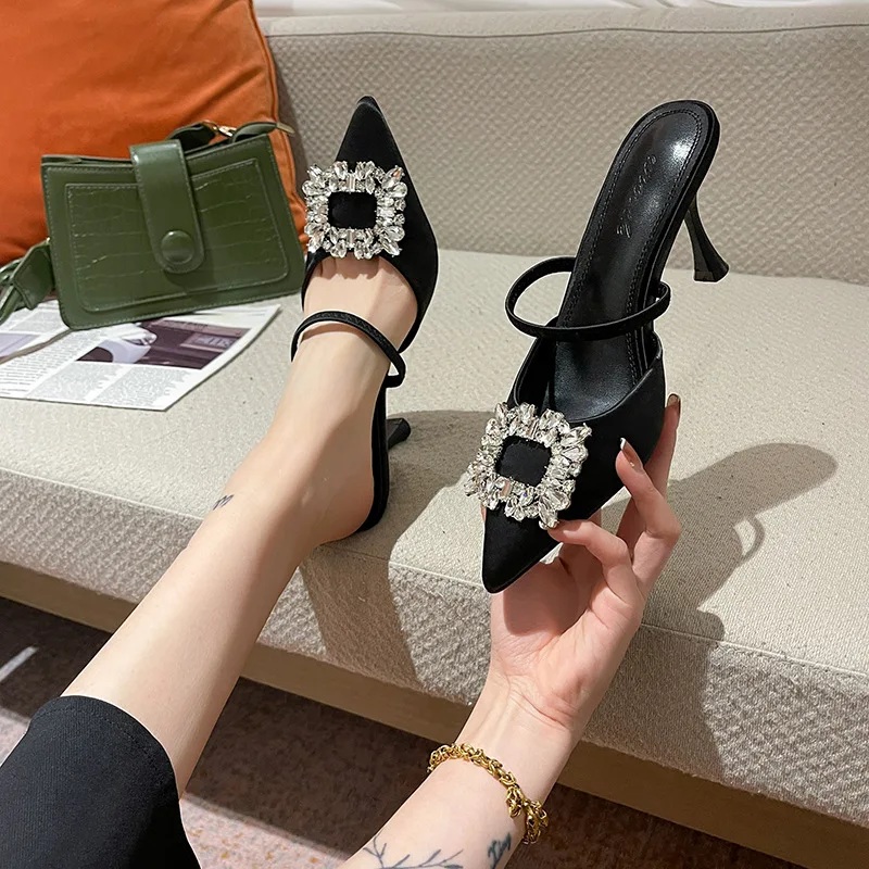 

Female Shoes Ladies' Slippers Glitter Slides Women Heels Beige Heeled Sandals Low Mules Sexy Pointed Toe 2022 Jelly High Black