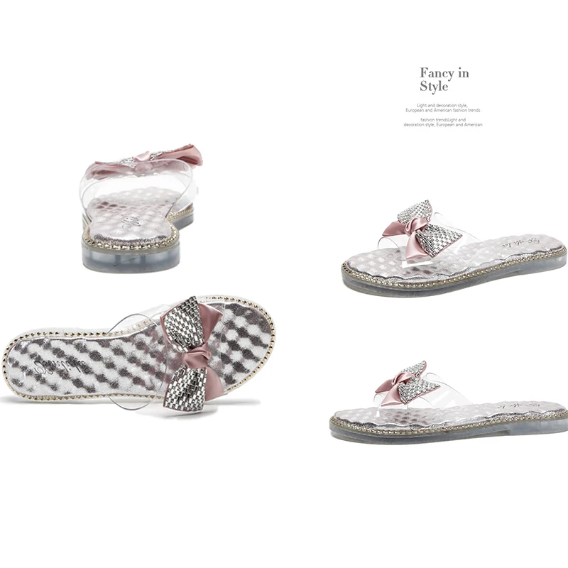 

Women Shoes Slippers Home Female Flats Rubber Slippers Women Flip Flop Rhinestones Butterfly-knot Slides 2021 Summer Footwear