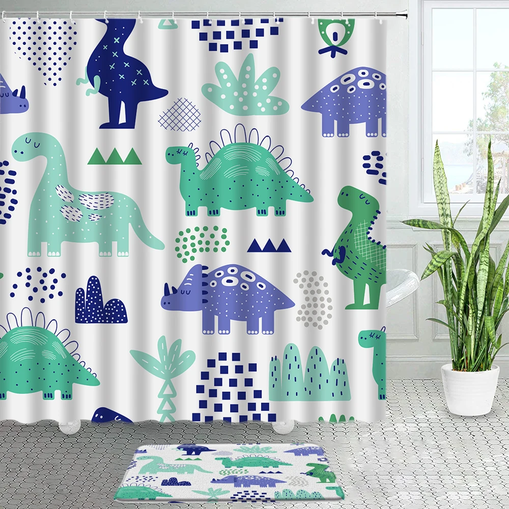 cartoon animals shower curtains bath mats set funny dinosaur frog panda sea turtle children bathroom decor door pad floor carpet free global shipping