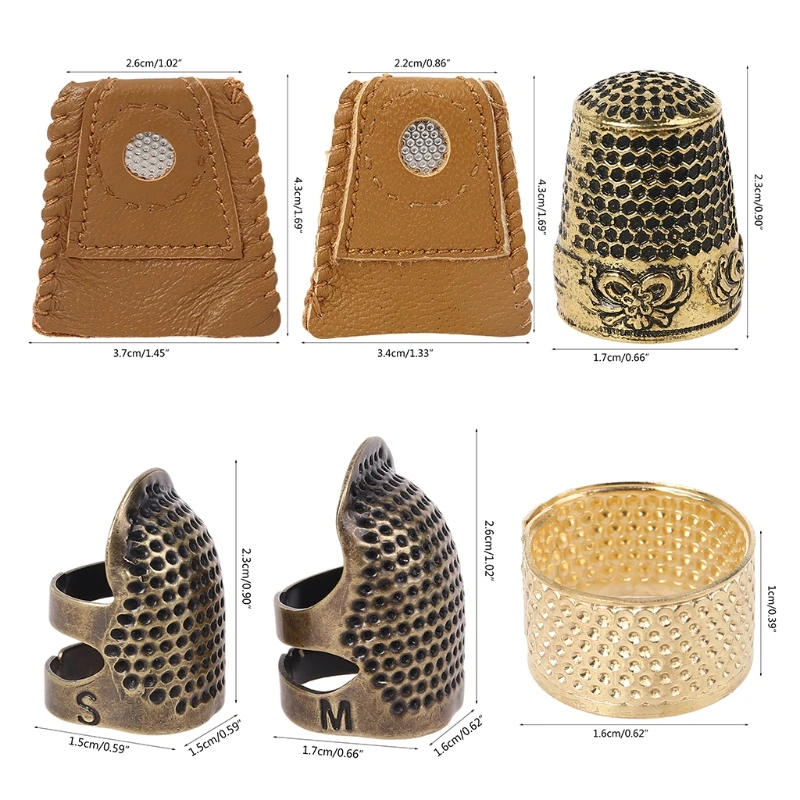 

6pcs/set Leather Finger Thimbles Metal Shield Protector Pin Needles Ring Hand Sewing Quilting DIY Craft Accessories-S001