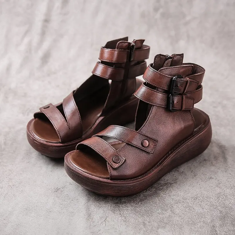 

Slope Heel Soft Leather Retro Roman Women's Sandals 2021 Spring Summer New Thick Open Toe Side Zip Shoe Szapatillas Mujer