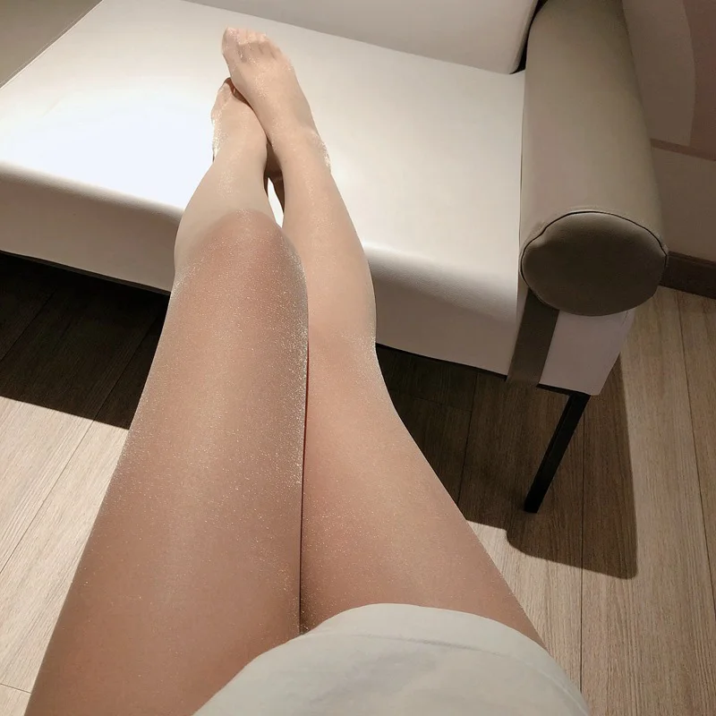 One-line open crotch pearl pantyhose invisible seamless T flashing stockings glossy panty socks women's silver silk | Женская одежда
