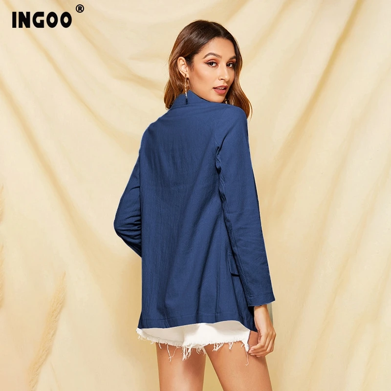 INGOO синие женские длинные блейзеры повседневные Элегантные рабочие однотонные