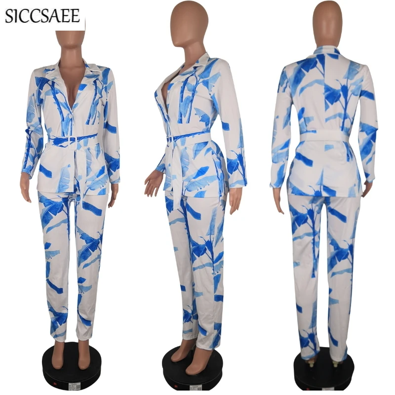 

Leaves Printed Matching Sets Work Wear Blazer And Pants Two Piece Set Women Office Lady Outfits Clothing Sweat Suit Autumn 2019