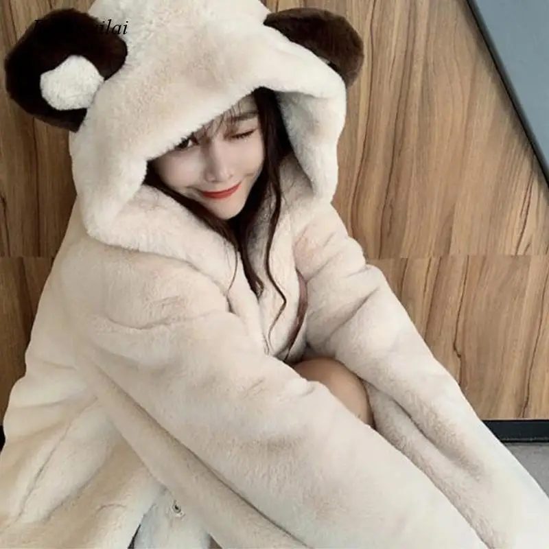 

2021 Winter New Faux Rabbit Fur Coat Women's Hooded Bear Ears Long Sleeve Jacket College Wind Teddy Jacket