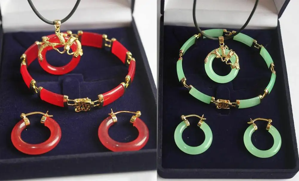 

Natural Light Green Red Jade Dragon Pendant Necklace Earrings Bracelet Set