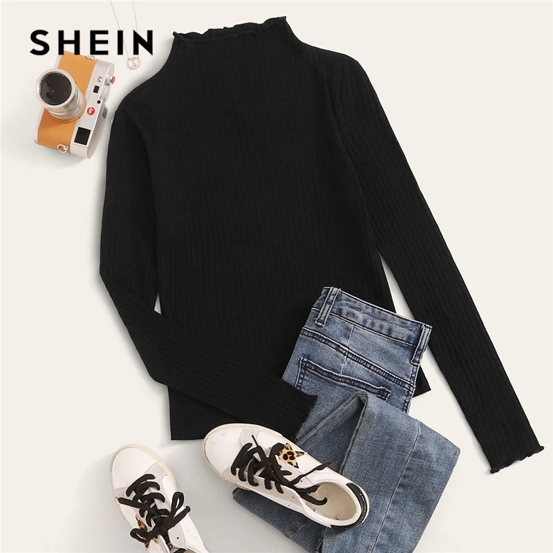 SHEIN, стоячий воротник, Однотонная футболка с отделкой салата, ребристая трикотажная футболка, женские футболки, осень, длинный рукав, элегантная Офисная Женская футболка