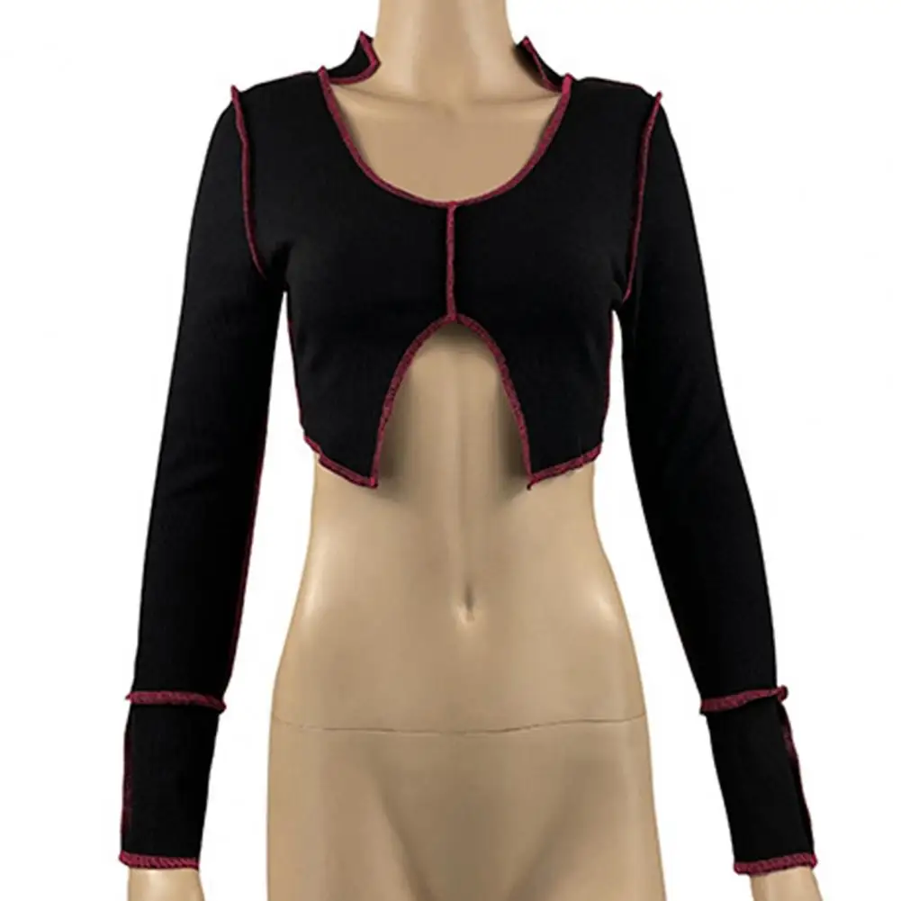 

Shirt Knitted Skin-friendly Women Contrast Color Crop Top for Spring Autumn