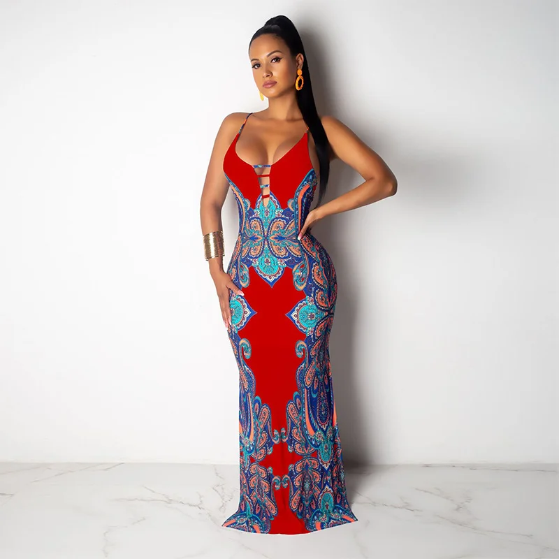 Женское винтажное платье макси на бретелях спагетти с V образным вырезом и