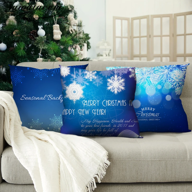 

Fuwatacchi Blue Christmas Pillow Cover Snow Background Cushion Cover for Home Sofa Car Chair Decorative Throw Pillowcase 45x45cm