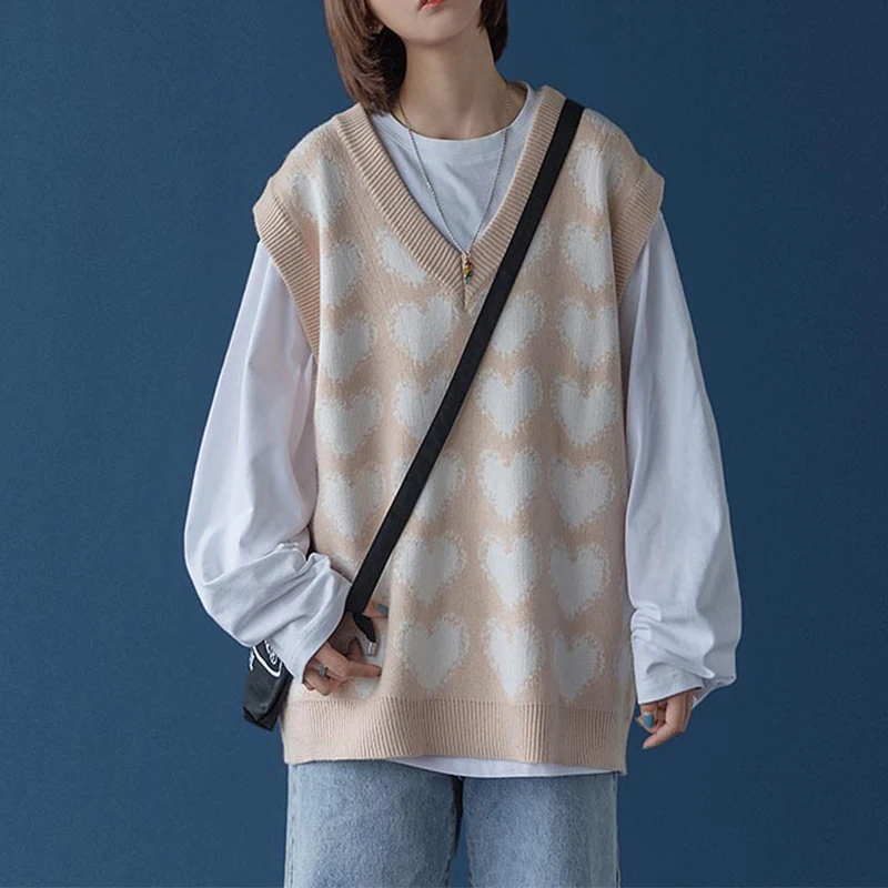 

Autumn Winter Sleeveless Sweater Vest Women V Neck Knitted Loose Oversize Vest Women Jumpers Pull Femme Sweaters