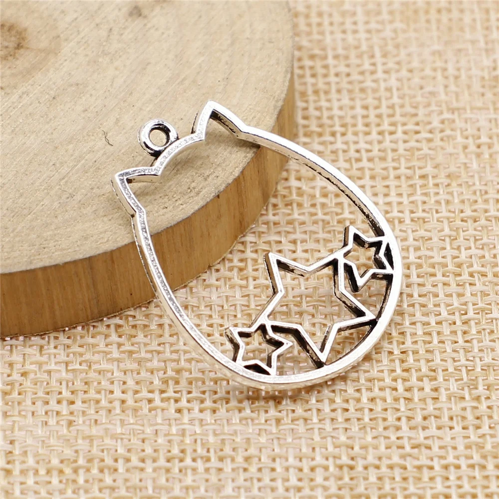 

24pcs 27x34mm antique silver Hollow five-pointed star cat head charms diy retro jewelry fit Earring keychain hair card pendant