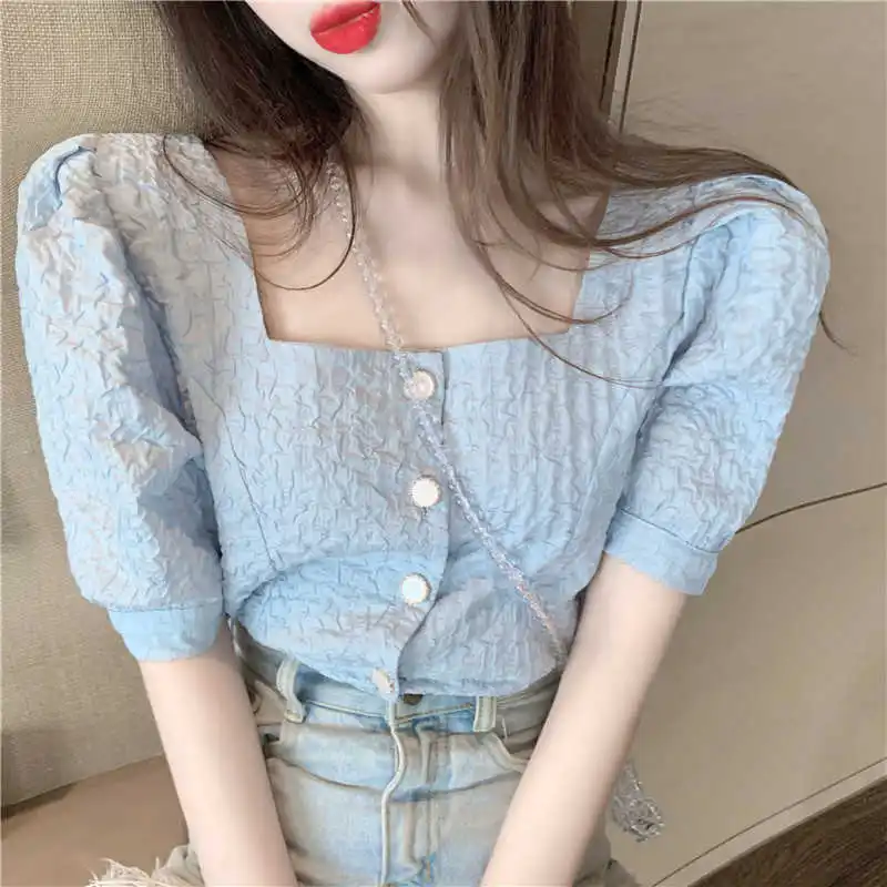 Женская плиссированная рубашка с квадратным воротником короткая приталенная