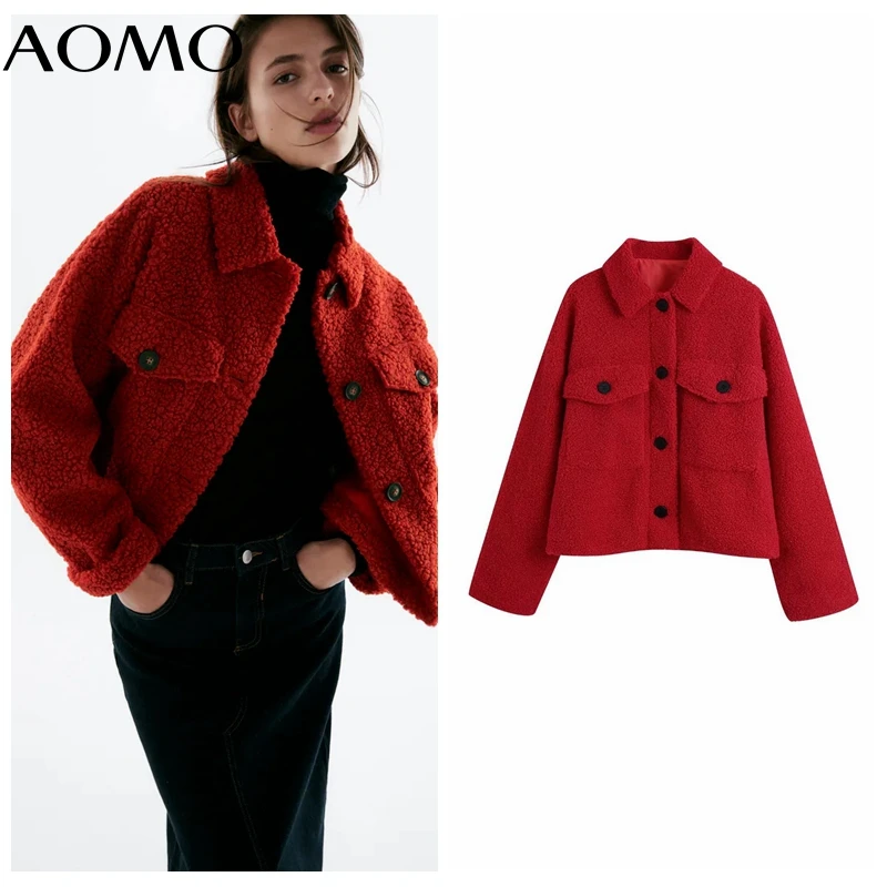 

AOMO Women Fashion Thick Warm Faux Fur Red Teddy Jacket Coat Short Style Long Sleeve Pockets Female Outerwear BE705A