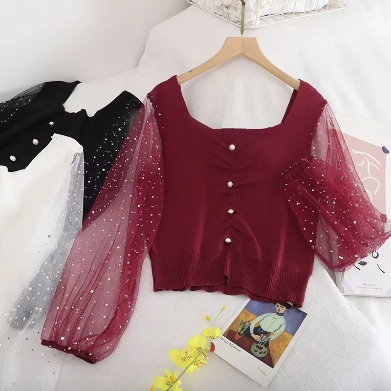 

Knitted women blouses square collar sequins mesh perspective splicing sexy tops for women 2021 new style shirts blusas ins