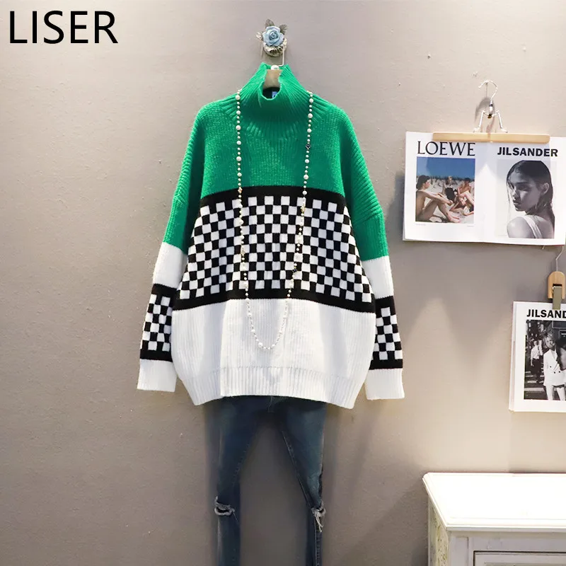 

2021 Autumn Winter New High-Neck Color-Blocking Plaid Sweater Women Loose Large-Size Knitted Pullover Female Sweater Green LL679