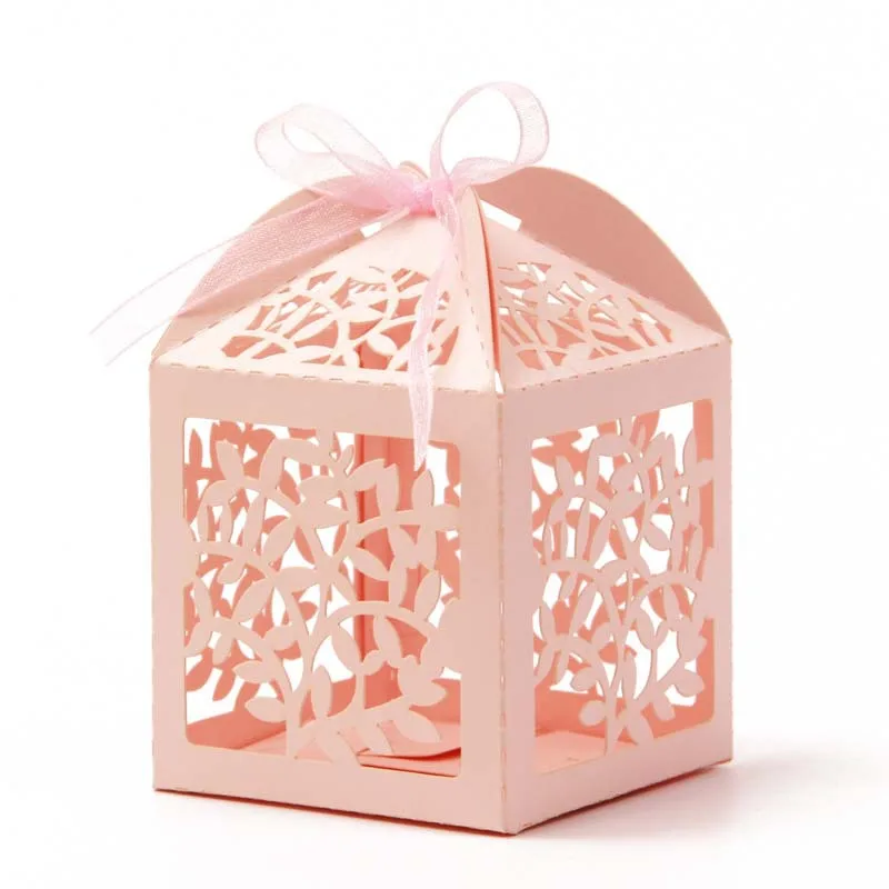 

50pc Pink Hollowed Laser Cut Leaf Paper Favor Gifts Candy Box With Ribbon Baby Shower Wedding Party Supplies