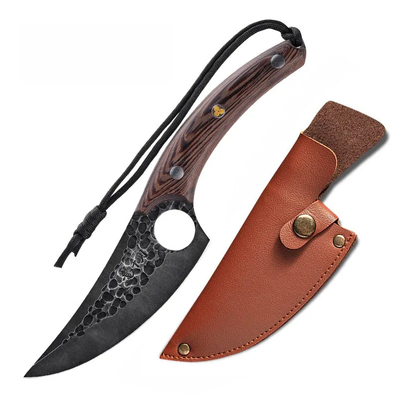 Cuchillo vikingo de acero inoxidable 7Cr17CoMoV, cuchillo afilado forjado a mano, con mango de madera, 6 pulgadas-0