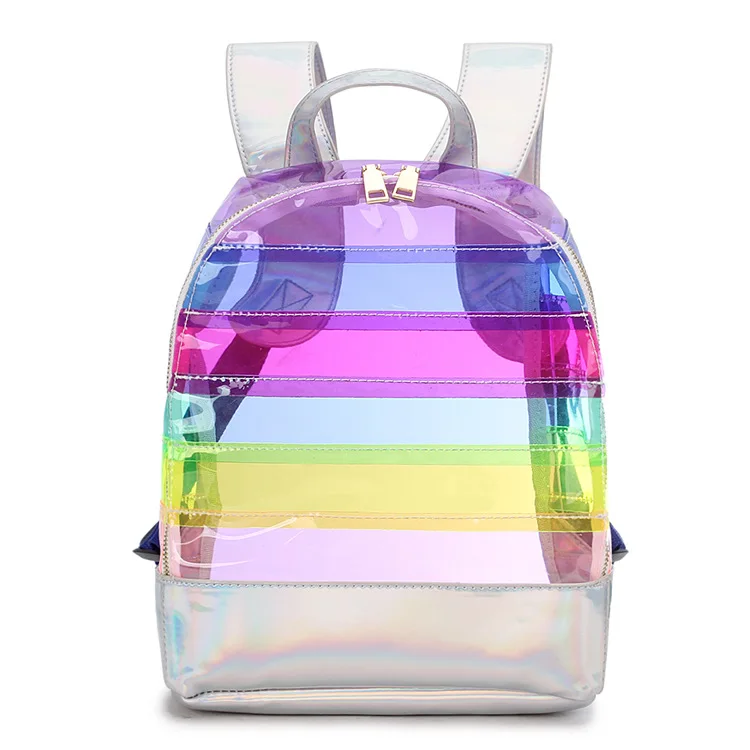 

Радужный лазерный рюкзак в полоску, прозрачный Повседневный вместительный школьный ранец из ПВХ контрастных цветов, женская сумка