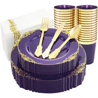 70 pieces of disposable tableware transparent purple black plastic plate cup knife fork spoon napkin set wedding party supplies