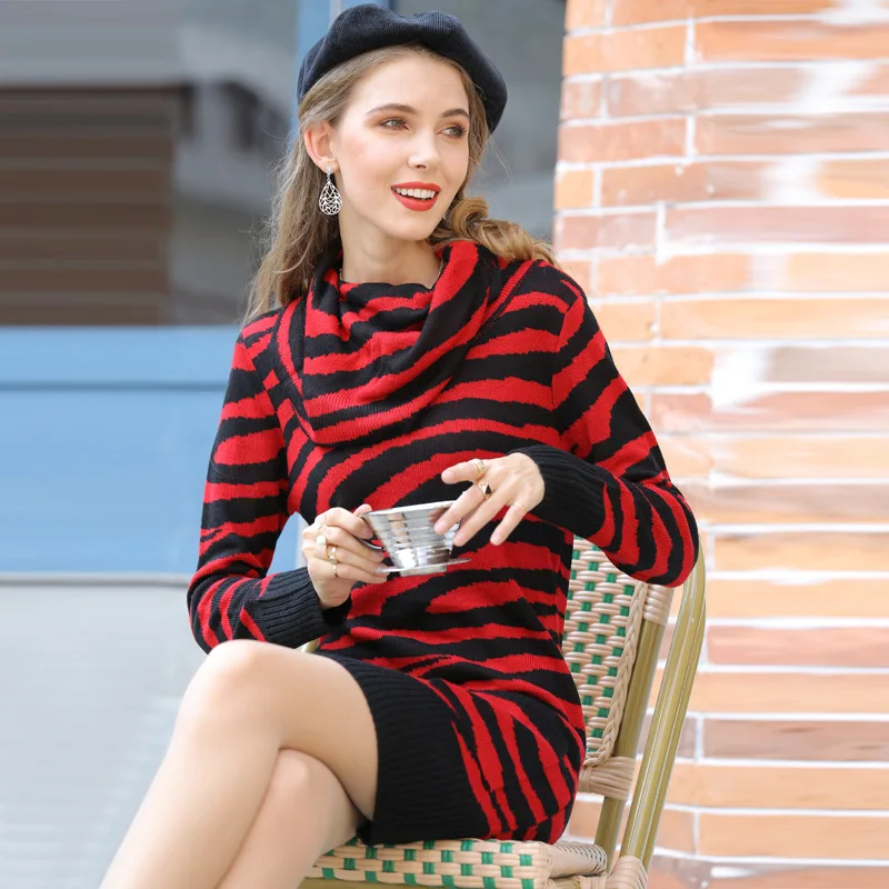 

Длинный пуловер с высоким воротником, свитер, женская одежда на осень и зиму, длинное платье в полоску с длинным рукавом, модное облегающее п...