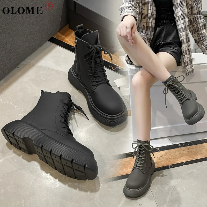 

Ladies Boots Boots Thick Bottom Leather British Style Thickened Short Ladies Boots Combat Winter Shoes Large Size 35-40 Fashion
