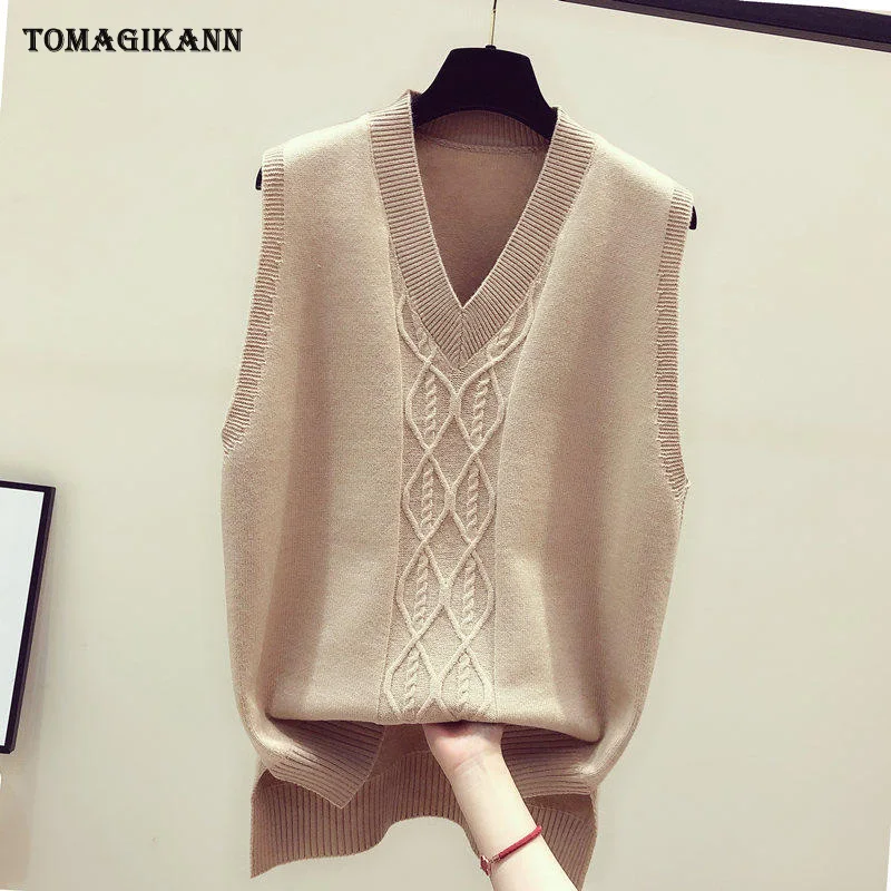 Сплошной свитер без рукавов жилет для женщин Плетеный v образный вырез пуловеры