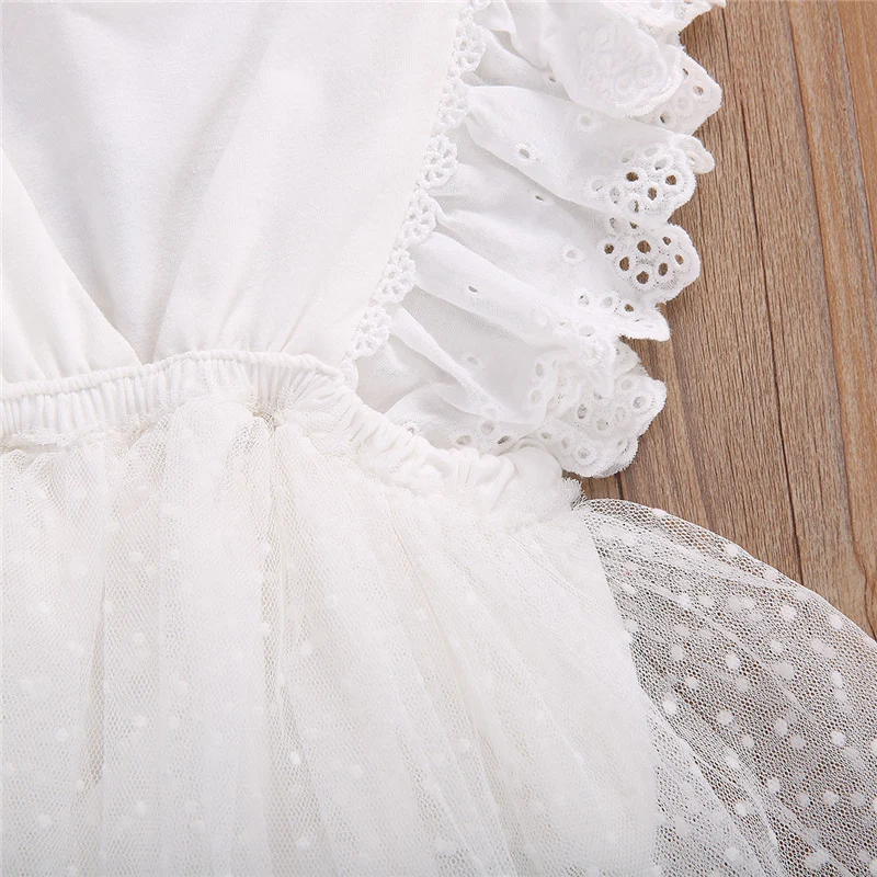 

2020 Fashion Infant Baby Girls Flower White Romper Dress Newborn Toddler Lace Party Jumpsuit bowknot headband 2pcs